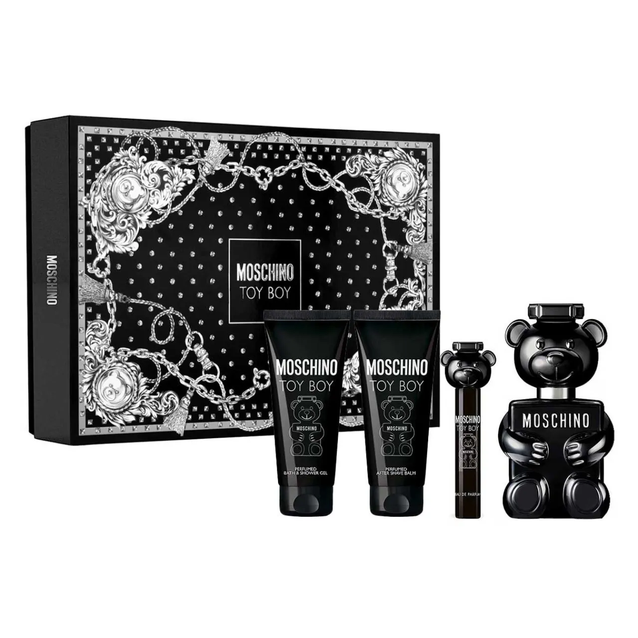 Toy Boy Estuche 4 Piezas Hombre EDP 100ml + Bath & Shower Gel 100ml + After Shave Balm 100ml + Miniatura 10ml-Moschino Discount