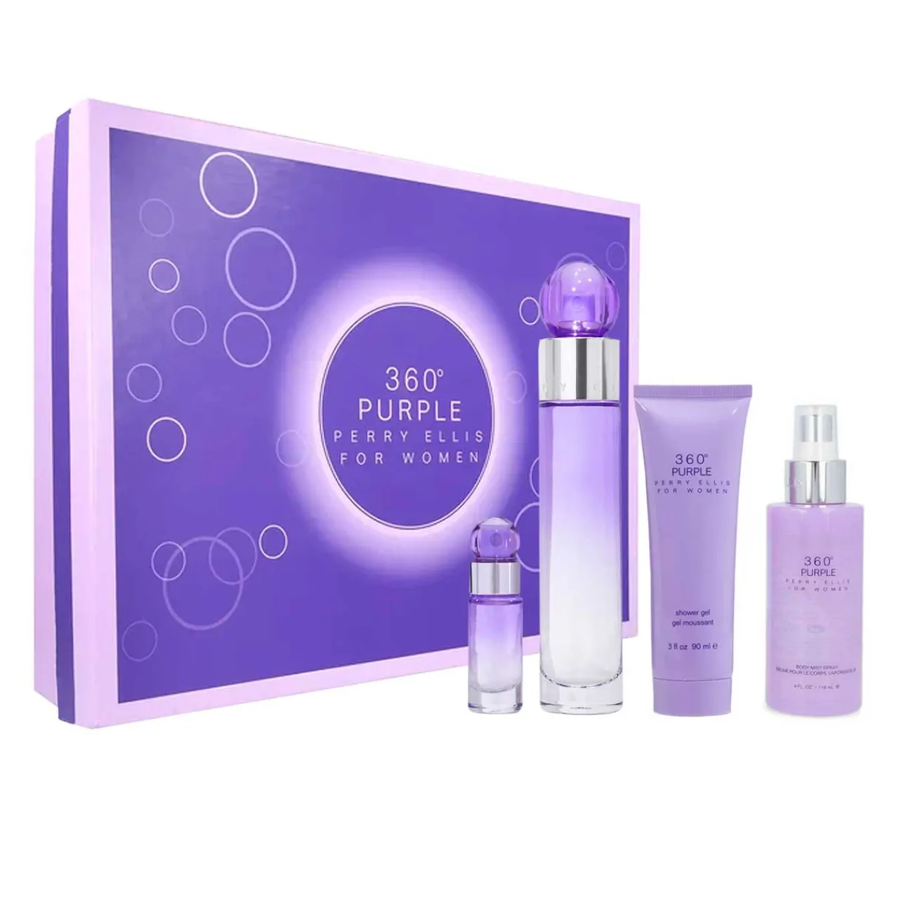 360 Purple Estuche 4 Piezas Dama EDP 100ml + Locion para el cuerpo 90ml + Gel de ducha + Mini 7.5ml-Perry Ellis Clearance