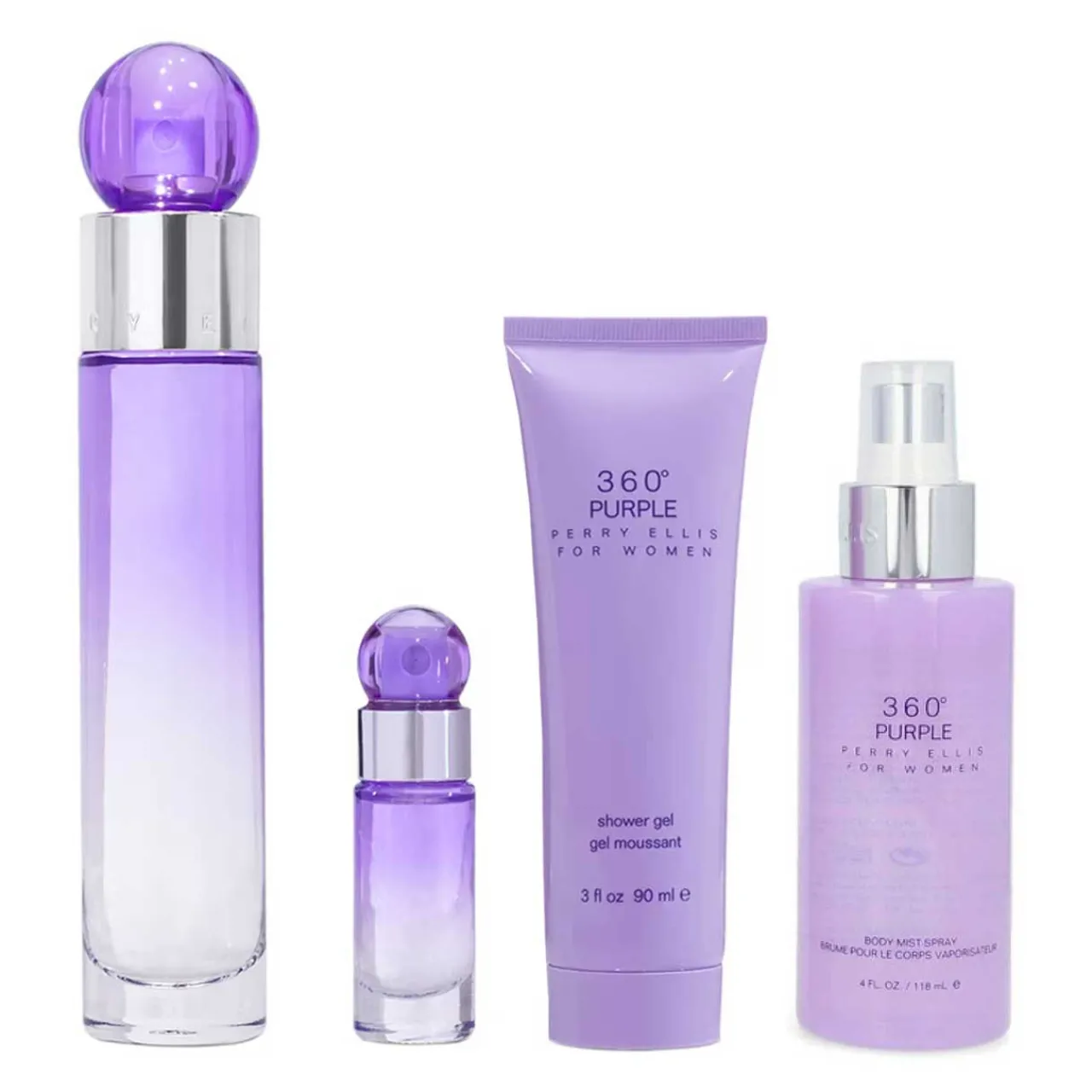 360 Purple Estuche 4 Piezas Dama EDP 100ml + Locion para el cuerpo 90ml + Gel de ducha + Mini 7.5ml-Perry Ellis Clearance